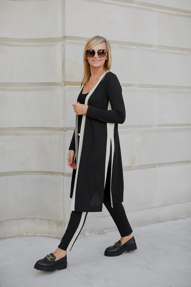 Komplet kardigan ze spodniami, dzianina sweterek