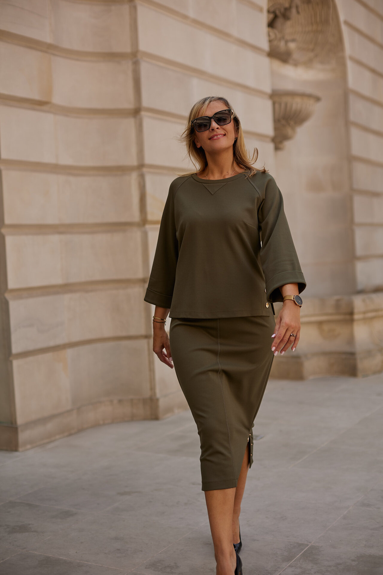 Khaki elegant set with metal snaps (blouse + skirt)